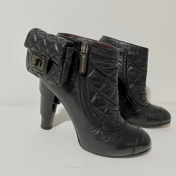 Chanel Black Mix Quilted Leather Ankle Boots Reissue Round Toe Chunky Heel 35.5 - Picture 8 of 9